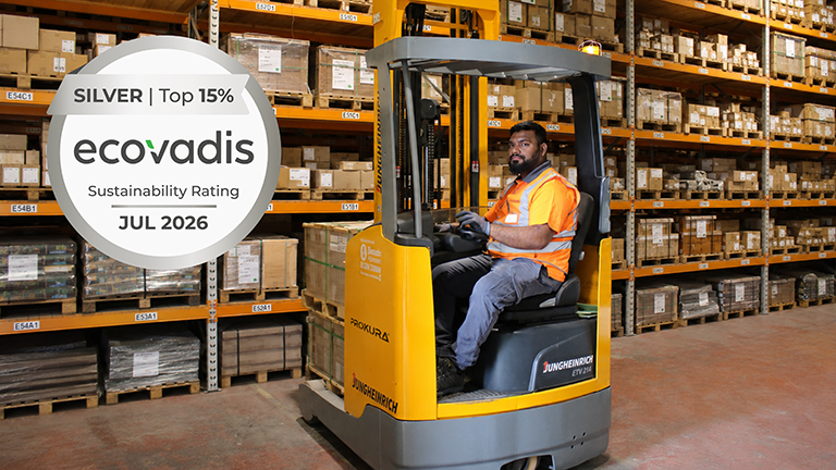 Prokura warehouse team celebrating EcoVadis Silver Medal achievement